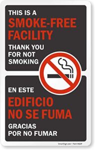 SmartSign This is A Smoke Free Facility Sticker, Thank You for Not Smoking Decal for Doors & Windows | 5″ x 8″ Front Adhesive Bilingual No Smoking Decal
