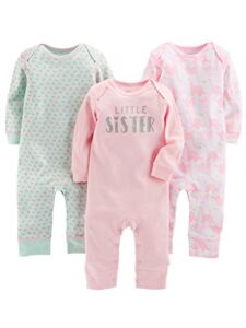 Simple Joys by Carter’s Baby Girls’ Jumpsuits, Pack of 3, Pink/Mint Green, Dinosaur, Newborn