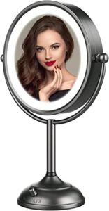 Professional 8.5″ Lighted Makeup Mirror, 1X/10X Magnifying Vanity Mirror with 48 LED Lights, 3 Color Lighting, Brightness Dimmable(0-1200Lux), Unique Senior Satin Nickel Free Rotation Cosmetic Mirror