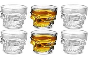 Circleware Skull Face Heavy Base Whiskey Shot Glasses, Set of 6, Party Home and Entertainment Dining Beverage Drinking Glassware for Brandy, Liquor, Bar Decor, Jello Cups, 1.75 oz, Clear