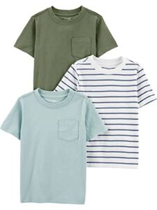 Simple Joys by Carter’s Baby Boys’ Solid Pocket Short-Sleeve Tee Shirts, Pack of 3, Olive/Blue, Stripe, 3-6 Months