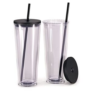 Maars Classic Acrylic Tumbler with Lid and Straw | 24oz Premium Insulated Double Wall Plastic Reusable Cups – Clear/Black, 2 Pack