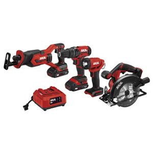 SKIL 20V 4-Tool Combo Kit: 20V Cordless Drill Driver Reciprocating Saw, Circular Saw and Spotlight, Includes Two 2.0Ah PWR CORE Lithium Batteries and One Charger – CB739701