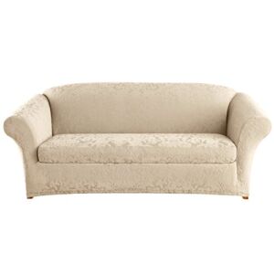 Surefit Stretch Jacquard Damask Sofa Cover, Form Fit, Polyester/Spandex, Machine Washable, Oyster