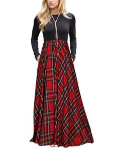 MEROKEETY Women’s Plaid Long Sleeve Empire Waist Full Length Maxi Dress With Pockets (Red#1, Small)