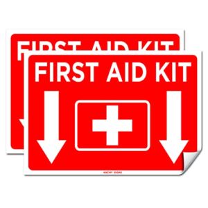 (Set of 2) First Aid Kit Sign Sticker Red 10″ x 7″ – Durable Self Adhesive 4 Mil Vinyl – Laminated – Fade & Scratch Resistant – Waterproof – Emergency Safety First Sign For Home, Business or Restaurant