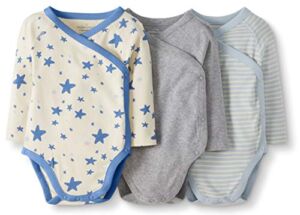 Moon and Back Kid’s 3 Pack Long Sleeve Side Snap Bodysuit Shirt, Blue, 0-3 months
