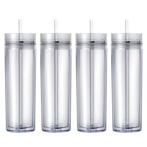 Maars Drinkware Double Wall Insulated Skinny Acrylic Tumblers with Straw and Lid, 16 oz. (4 pack, Clear)