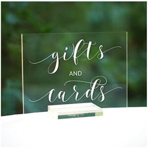 Cedar and Ink Gifts and Cards Sign w Acrylic Stand, Acrylic Wedding Signs Cursive Lettering, Clear Lucite Glass-Like Gift Table Decor or Wedding Cards Sign, Reception Event, Stand Included