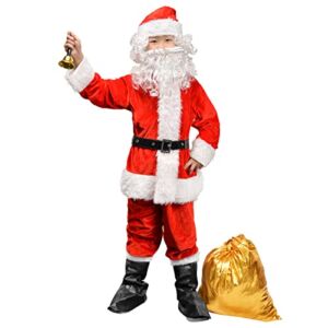 Children’s Santa Suit Costume for kids Red Deluxe Velvet Santa Suit Halloween Christmas Party Cosplay Costome (9PCS) (M, Red)