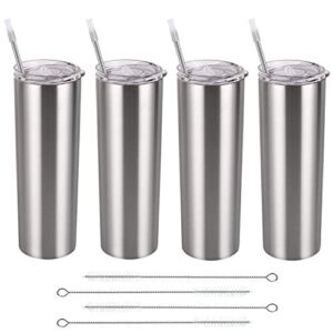 Stainless Steel Skinny Tumbler Set, Insulated Travel Tumbler with Closed Lid Straw, Skinny Insulated Tumbler, 20 Oz Slim Water Tumbler Cup for Coffee Water Hot Cold Drinks, Set of 4, Silver