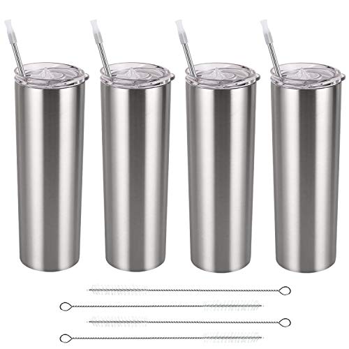 Stainless Steel Skinny Tumbler Set, Insulated Travel Tumbler with Closed Lid Straw, Skinny Insulated Tumbler, 20 Oz Slim Water Tumbler Cup for Coffee Water Hot Cold Drinks, Set of 4, Silver | The Storepaperoomates Retail Market - Fast Affordable Shopping