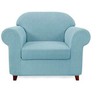 subrtex Stretch Armchair Sofa Slipcover 2 Piece Sofa Cover 1 Seater Soft Couch Slipcover Washable Furniture Covers, Jacquard Fabric Small Checks(Steel Blue,Armchair)