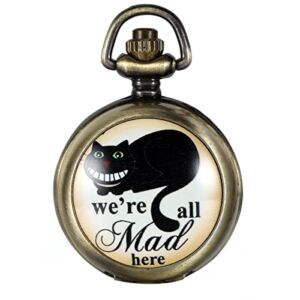 JewelryWe Vintage Pocket Watch Retro We are All Mad Here Pocket Locket Quartz Watch Pendant Necklace with 30.7 Inch Chain, for Halloween Xmas
