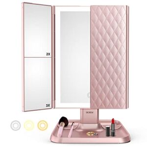 Makeup Mirror Trifold Mirror with Lights – 3 Color Lighting Modes 72 LED Vanity Mirror, 1x/2x/3x Magnification, Touch Control Design, Portable High Definition Cosmetic Lighted Up Mirror