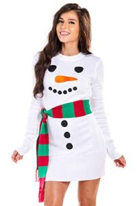 Women’s Snowman Ugly Sweater Dress – White Snowman Christmas Dress with Scarf: Small
