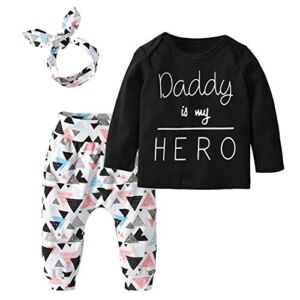 Baby Girls 3Pcs Outfit Set Letters Daddy is My Hero T-Shirt Tops Geometric Pants with Headband (18-24 Months)
