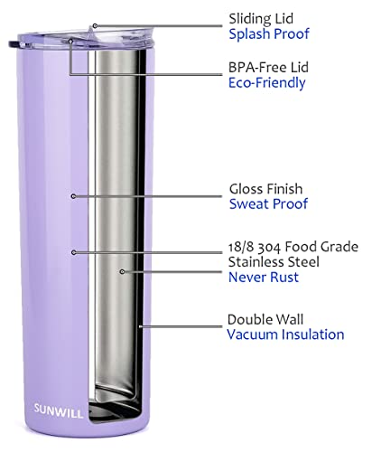 SUNWILL Straw Tumbler Skinny Travel Tumbler with Lid, Vacuum Insulated Double Wall Stainless Steel 20oz for Coffee, Tea, Beverages, Lavender | The Storepaperoomates Retail Market - Fast Affordable Shopping