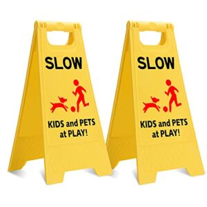 Slow Kids and Pets at Play, 2 Pack Yellow Child Safety & Slow Down Signs, 2-Sided Fold-Out Children- Safety Sign for Schools, Neighborhoods, Park, Day Cares, Home Use for Street, Sidewalk, Driveway