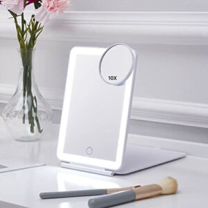 LED Foldable Travel Makeup Mirror – 5×7 inches 3 Colors Light Modes USB Rechargeable Touch Screen, Portable Tabletop Cosmetic Mirror for Travel, Cosmetic, Office (White)