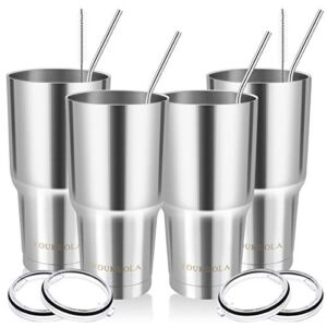 Stainless Steel Tumbler 30oz – Vacuum Insulated Tumbler Coffee Cup Double Wall Large Travel Mug with Lid, Straw, Brush, Gift Box Set (Silver, 30oz-4 Pack)