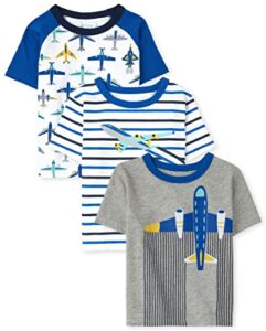 The Children’s Place Baby Toddler Boys Basic Short Sleeve Shirt Mulitpacks, Plane Graphic-3 Pack, 6-9 Months