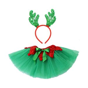 Christmas Tutu Outfit Costume for Girls Elf Skirt Holiday Party with Reindeer Headband Set