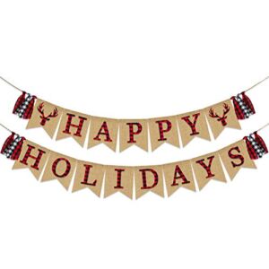 Happy Holidays Banner Burlap | Christmas Decorations | Rustic Christmas Banner | Red Black Buffalo Plaid Banner |Outdoor Indoor Holiday Decoration |Xmas Party Supplies | Mantle Fireplace Hanging Decor