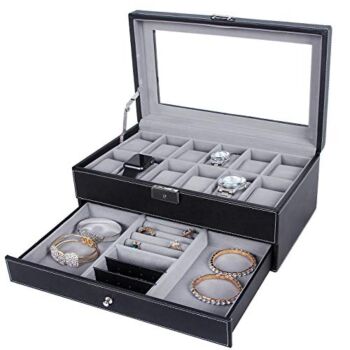 SONGMICS 12-Slot Watch Box, Lockable Watch Case with Glass Lid, 2 Layers, with 1 Drawer for Rings, Bracelets, Gift Idea, Black Synthetic Leather, Gray Lining UJWB012 | The Storepaperoomates Retail Market - Fast Affordable Shopping