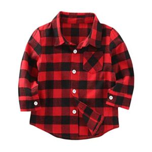Kids Little Boys Girls Baby Long Sleeve Button Down Red Plaid Flannel Shirt Plaid Girl Boy NB-6T(12-18 Months, Red)