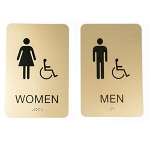 SBLABELS Men & Women ADA Restroom (Bathroom) Sign Set w/Braille (Gold)