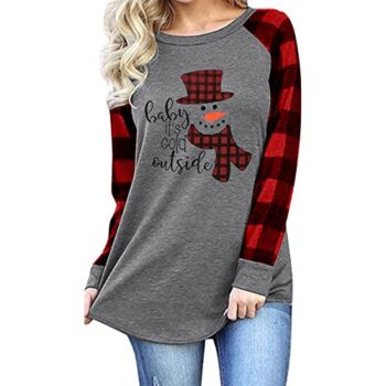 UNIQUEONE Baby Its Cold Outside Shirt Women Snowman T Shirt Christmas Plaid Splicing Long Raglan Tops Dark Grey | The Storepaperoomates Retail Market - Fast Affordable Shopping