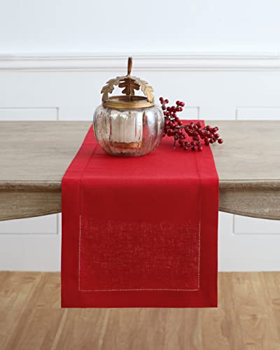 Solino Home Thanksgiving Linen Table Runner – 14 x 108 Inches, 100% Pure Linen Red Table Runner for Christmas, Holidays, Winter – Classic Hemstitch, Handcrafted from European Flax | The Storepaperoomates Retail Market - Fast Affordable Shopping