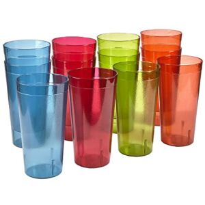 US Acrylic Café 32 ounce Plastic Restaurant Style Stackable Iced Tea Tumblers in 4 Assorted Colors, Value Set of 12 Drinking Cups, Reusable, BPA-free, Made in the USA, Top-rack Dishwasher Safe