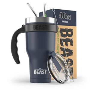 BEAST 40 oz Navy Blue Tumbler Set with Handle – Stainless Steel Coffee Cup + 2 Straws Brush, Gift Box & Black Handle