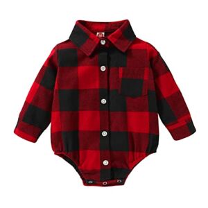 Newborn Baby Boy Girls Plaid Outfit Flannel Romper Tops Infant Long Sleeve Button Down Plaid Casual Bodysuit Clothes