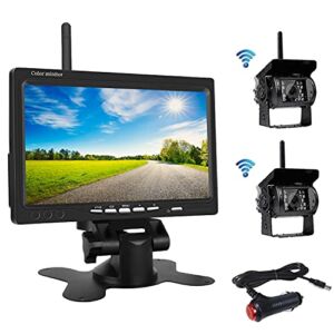 OiLiehu Wireless Backup Camera and Monitor Kit, 7 inch HD LCD Monitor with Antenna, 2 x Wireless Rear View Camera, IP67, Night Version, 12-24 V, Suitable for Buses, SUVs, Trucks, Trailers