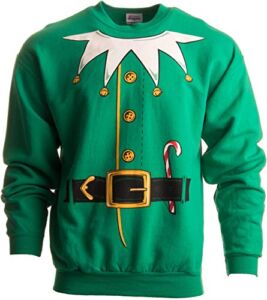 Santa’s Elf Costume | Novelty Christmas Sweater, Holiday Crewneck Sweatshirt – (Crew,XL) Green