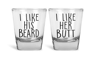 I Like His Beard, I Like Her Butt Funny Novelty Couples Shot Glasses | Set of 2 Shot Glasses | Great for Bride, Groom, Husband, Wife, Boyfriend, Girlfriend and Couples by Mad Ink Fashions