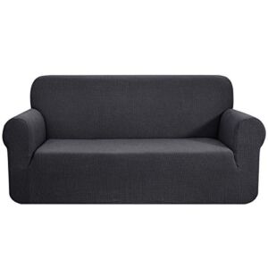 CHUN YI Stretch Loveseat Sofa Slipcover 1 Piece Couch Cover, 2 Seater Settee Coat Soft with Elastic Bottom, Checks Spandex Jacquard Fabric, Medium, Grey/Gray