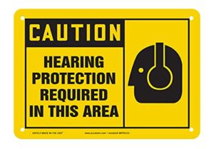Accuform MPPE410VP Plastic Safety Sign,”Caution Hearing Protection Required in This Area” with Graphic, 7″ Length x 10″ Width x 0.055″ Thickness, Black on Yellow