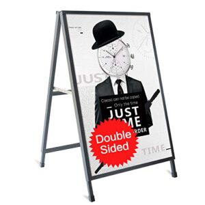 Outdoor A-Frame Sidewalk Sign 24×36 Inch Sandwich Board, Black Coated Steel Metal Double-Sided, Heavy Duty Slide-in Folding Frame Sign Holder, 2 Corrugated Plastic Poster Boards, Display Stand