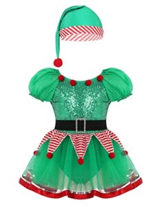 CHICTRY Kids Little Girls Sequin Tutu Christmas Holiday Santa’s Elf Costume Xmas Festive Dress Hat Outfits Green Dress+Hat 6-7 yr