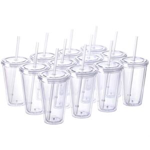 Cupture Classic 12 Insulated Double Wall Tumbler Cup with Lid, Reusable Straw & Hello Name Tags – 16 oz, Bulk Pack (Clear)