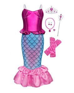 AmzBarley Princess Mermaid Costume Outfit for Girls Mermaid Fancy Dress Up Kids Halloween Cosplay Role Play Performance Holiday Birthday Party Clothes with Accessories Size 10(8-9Years)