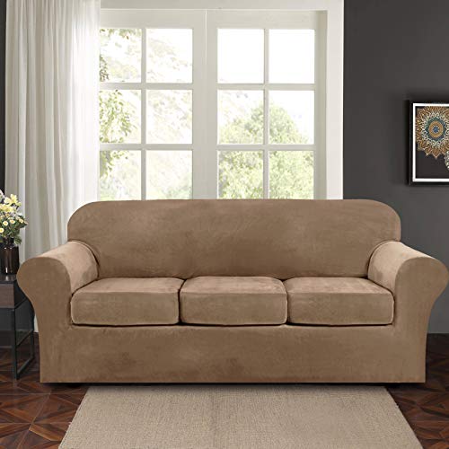 4 Piece Sofa Covers for 3 Cushion Couch Velvet High Stretch Couch Slipcover with 3 Separate Cushion Covers Soft Washable Sofa Furniture Protector for Dogs Pets Kids Living Room (Camel) | The Storepaperoomates Retail Market - Fast Affordable Shopping