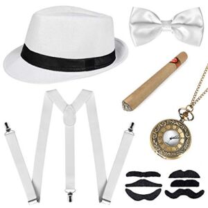sinoeem 1920s Mens Gatsby Gangster Costume Accessories Set with Pocket Watch,Hard Felt Panama Hat, Y-Back Suspenders & Pre Tied Bow Tie,Toy Cigar & Fake Mustache, White-01, 10