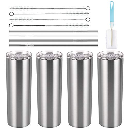 Stainless Steel Skinny Tumbler Set, Insulated Travel Tumbler with Closed Lid Straw, Skinny Insulated Tumbler, 20 Oz Slim Water Tumbler Cup for Coffee Water Hot Cold Drinks, Set of 4, Silver | The Storepaperoomates Retail Market - Fast Affordable Shopping