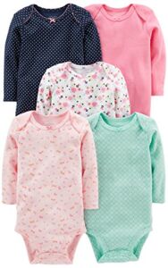 Simple Joys by Carter’s Baby Girls’ Long-Sleeve Bodysuit, Pack of 5, Pink/Navy/Mint Green, Floral, 18 Months