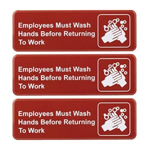 Excello Global Products Employees Must Wash Hands Before Returning to Work Sign: Easy to Mount Plastic Safety Informative Sign with Symbols Great for Business, 9″x3″, Pack of 3 (Red)